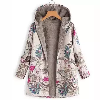 Warm Long Sleeve Jacket Coat Leaves Floral Print Fluffy Zipper Hoodie Plus Size S-5Xl