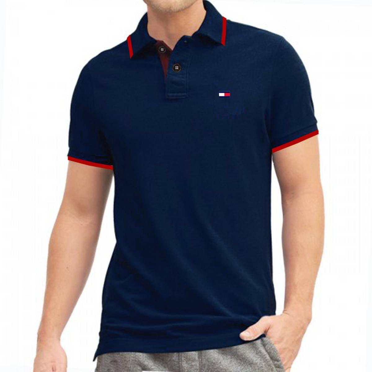 Navy Blue Cotton Polo t-Shirt For Men