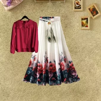 Now Digital Printed Women Tops And Skirt Two Piece Set