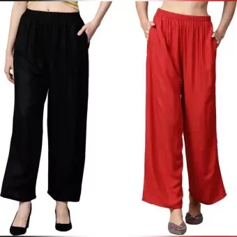 Set Of 2 Solid Cotton Relaxed Women Palazzo Pants Wear For Ladies