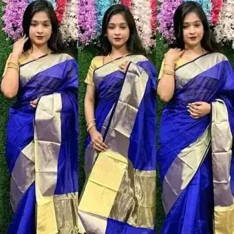 Half silk Tangail Tat Saree for Women's Blue color