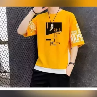 Yellow&White Cotton Short Sleeve T Shirt For Men