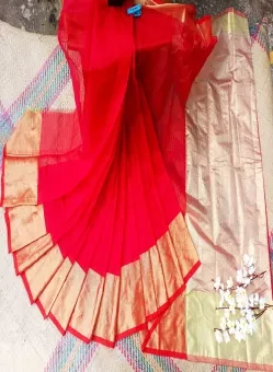 Red & Golden Half silk Saree for Women